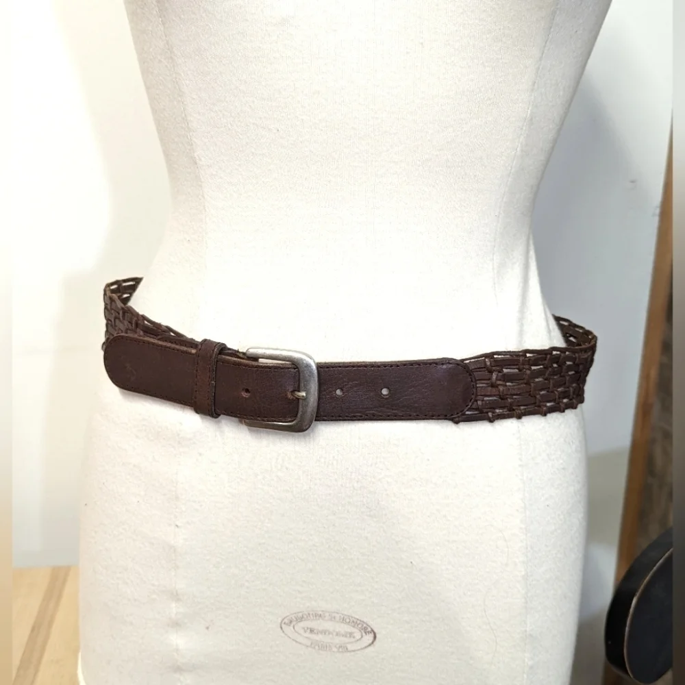 Vintage Wide Braided Brown Leather Belt with Nickel Buckle L